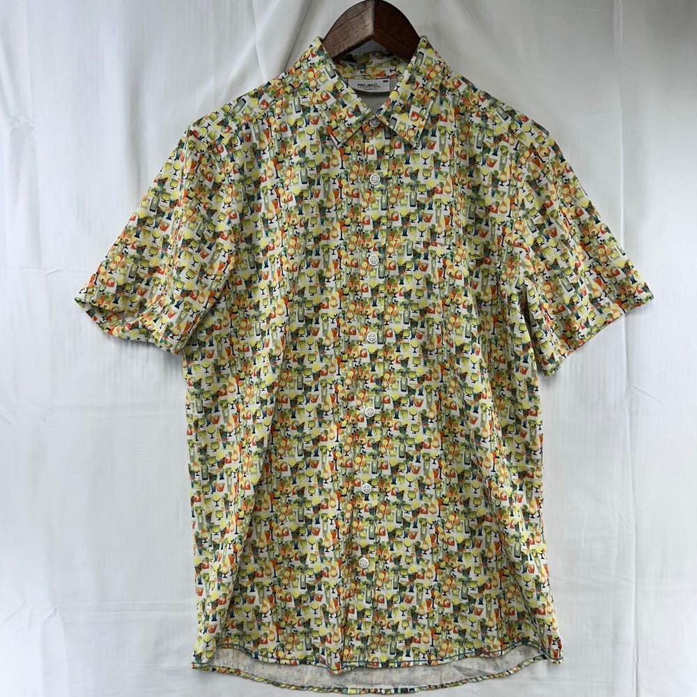 Projek Raw Button Up Shirt Mens Small Multi Color Cocktail Print Short Sleeve